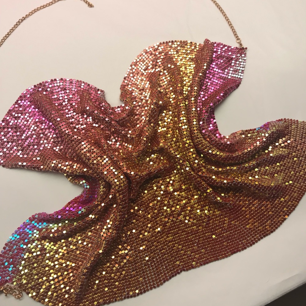 Pink gold metallic mermaid unicorn rainbow rave festival crop top harness chain
